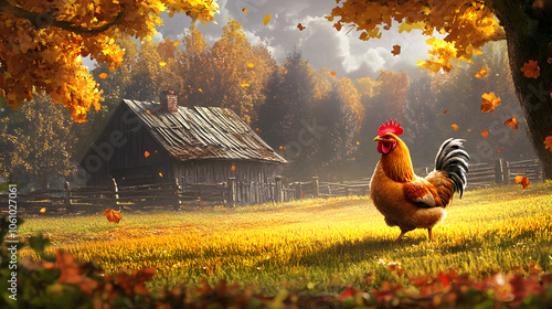 A Charming Artwork of a Faverolles Chicken in a Picturesque Sunlit Farmyard Scene photo