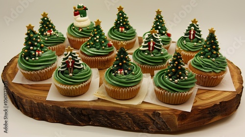 Cupcakes with green frosting and Christmas tree 