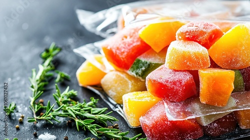  A sprig of fresh herbs sits on a table alongside a bag of gummy bears