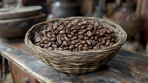 Charming Display of Coffea Stenophylla Beans in a Rustic Wicker Basket photo