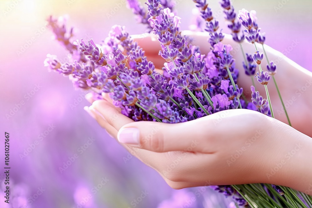 Blooming rows of lavender rippling gracefully against a soothing pastel sky. Blooming rows of lavender rippling gracefully against a soothing pastel sky.