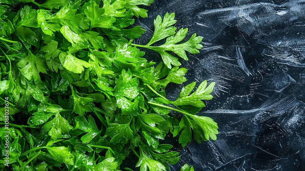 Fototapeta premium A few green leafy plants sat atop a black countertop with ice beneath