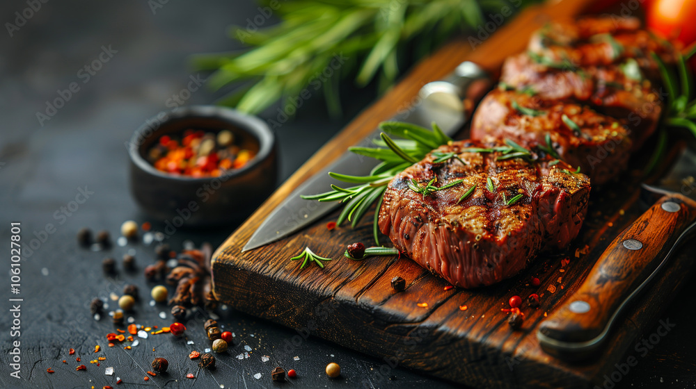 piece of raw meat with spices on a cutting board. piece of raw meat with spices on a cutting board.