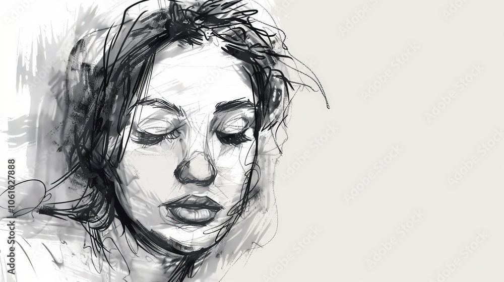 This expressive sketch showcases a woman with closed eyes, highlighting her contemplative mood through delicate lines and gentle shading, evoking a sense of serenity This expressive sketch showcases a woman with closed eyes, highlighting her contemplative mood through delicate lines and gentle shading, evoking a sense of serenity