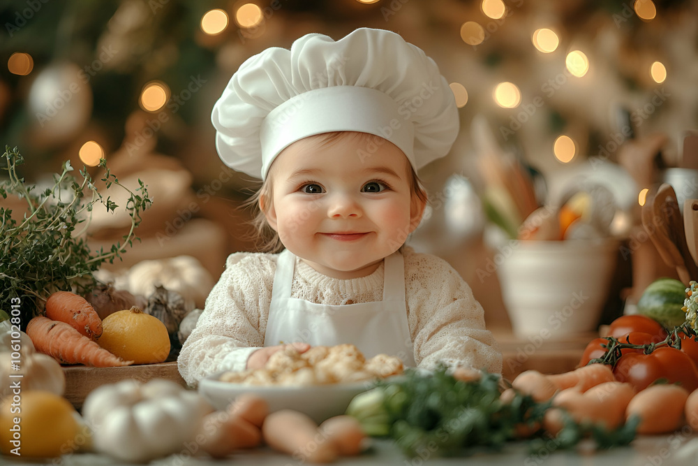 A cheerful baby dressed as a chef, surrounded by fresh vegetables and a warm, festive atmosphere.