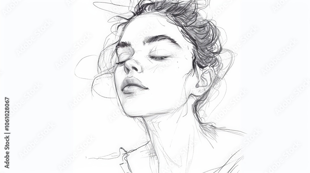 A woman with her eyes closed and hair loosely styled appears peaceful. The sketch uses delicate lines to convey calmness and a sense of introspection A woman with her eyes closed and hair loosely styled appears peaceful. The sketch uses delicate lines to convey calmness and a sense of introspection