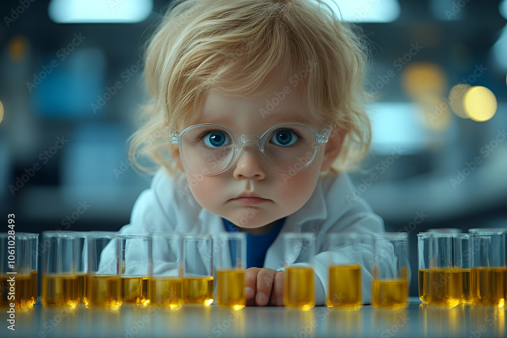 A focused child in glasses examines test tubes filled with yellow liquid in a lab setting, embodying curiosity and science. A focused child in glasses examines test tubes filled with yellow liquid in a lab setting, embodying curiosity and science.