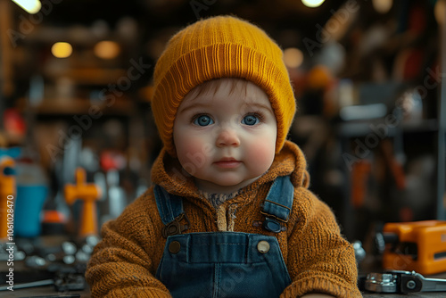 A young child wearing a mustard-yellow beanie and sweater stands amidst various tools, exuding curiosity and charm in a workshop setting.