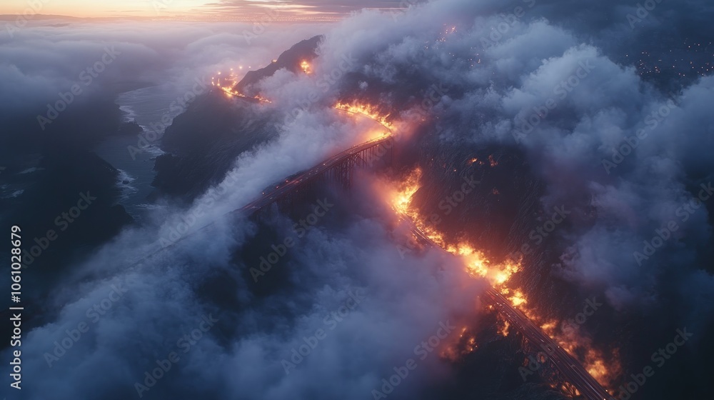 Fototapeta premium Aerial view of a wildfire burning through a mountain range, with smoke and clouds in the background.