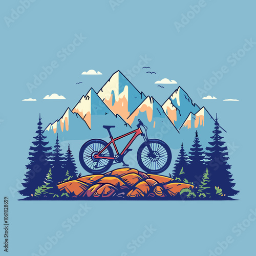 Mountain bike is on a rocky hillside with trees in the background. The bike is leaning against a rock, and the scene is peaceful and serene