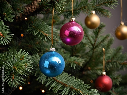 wallpaper representing szq fir leaves with multicolor Christmas balls.