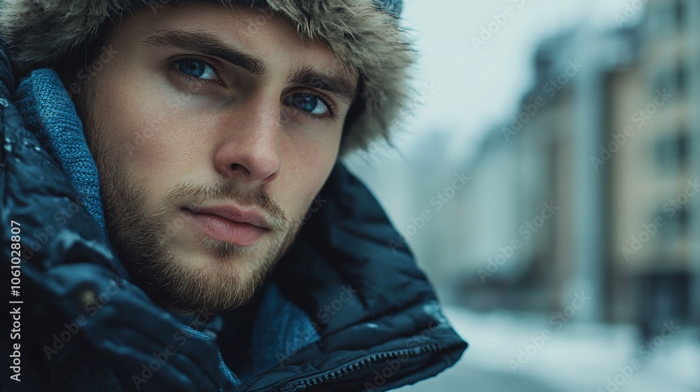 Close-up portrait of a young man wearing a winter hat and jacket, looking directly at the camera with a serious expression. Close-up portrait of a young man wearing a winter hat and jacket, looking directly at the camera with a serious expression.