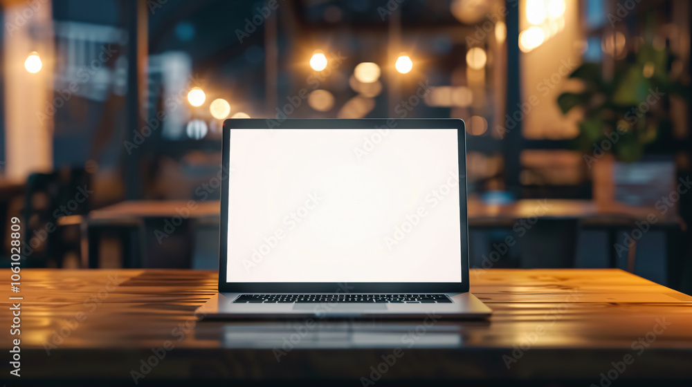 Laptop Computer on Wooden Table with Empty Screen Laptop Computer on Wooden Table with Empty Screen