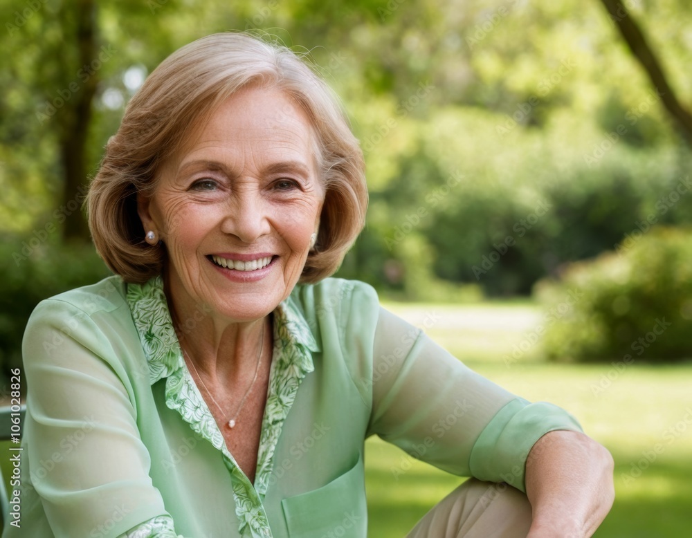 Happy active senior woman smiling outdoors in a park enjoying retirement with vitality and happiness Beautiful portrait of a mature female embracing nature and lifestyle on a bench Happy active senior woman smiling outdoors in a park enjoying retirement with vitality and happiness Beautiful portrait of a mature female embracing nature and lifestyle on a bench