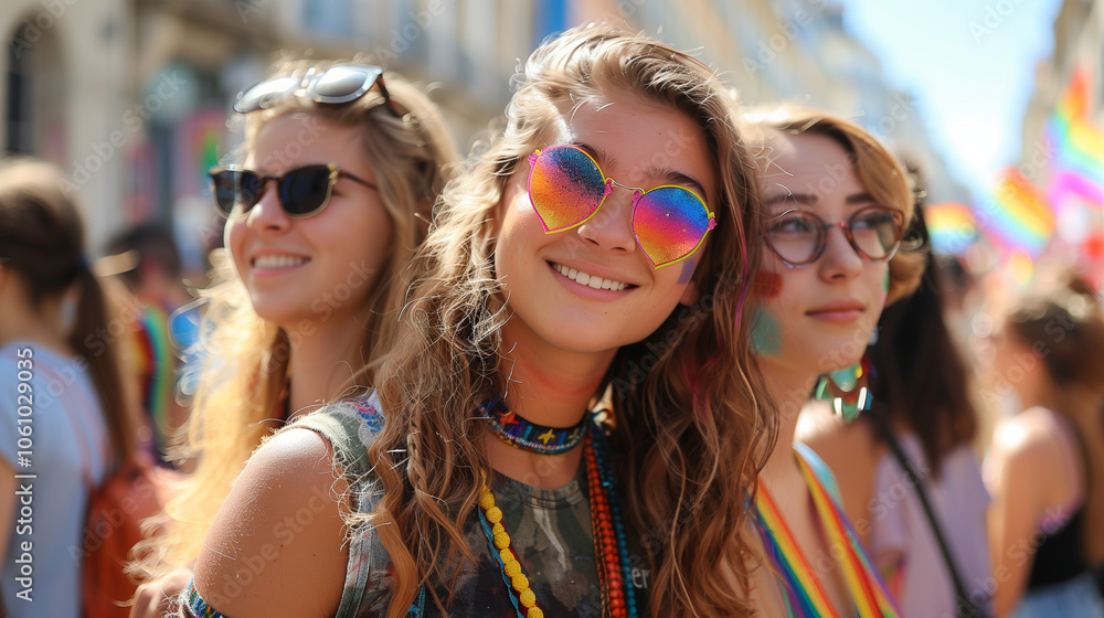 Young girls in a pride parade with rainbow symbols. Young girls in a pride parade with rainbow symbols.