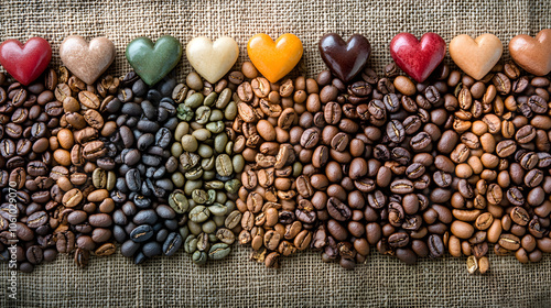 A Close-Up of Heart-Shaped Excelsa Coffee Beans on Textured Burlap, Showcasing Rich Colors and Natural Imperfections photo