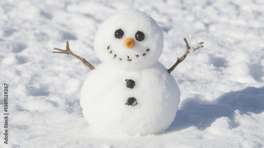 A cheerful snowman stands in fresh snow, welcoming winter\'s joy with arms raised and a bright smile on a sunny day A cheerful snowman stands in fresh snow, welcoming winter\'s joy with arms raised and a bright smile on a sunny day