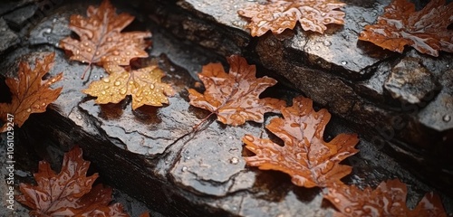 Wet autumn leaves caught in the folds of a stone staircase, raindrops clinging to each leaf and stone surface. photo