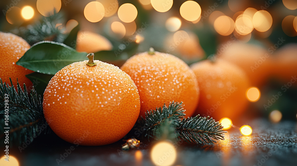 Fototapeta premium Artistic representation of oranges surrounded by pine, symbolizing abundance and freshness during the Lunar New Year.