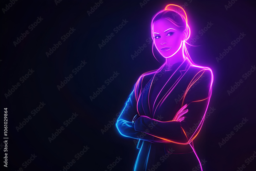 An electrifying neon light trails artwork showcasing a strong business woman exuding power with crossed arms in a dynamic pose against a dark backdrop. An electrifying neon light trails artwork showcasing a strong business woman exuding power with crossed arms in a dynamic pose against a dark backdrop.
