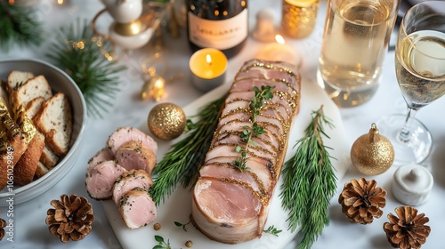 A festive French spread featuring foie gras, sliced meats, decorative greens, bread, candles, and elegant drinks on a table photo