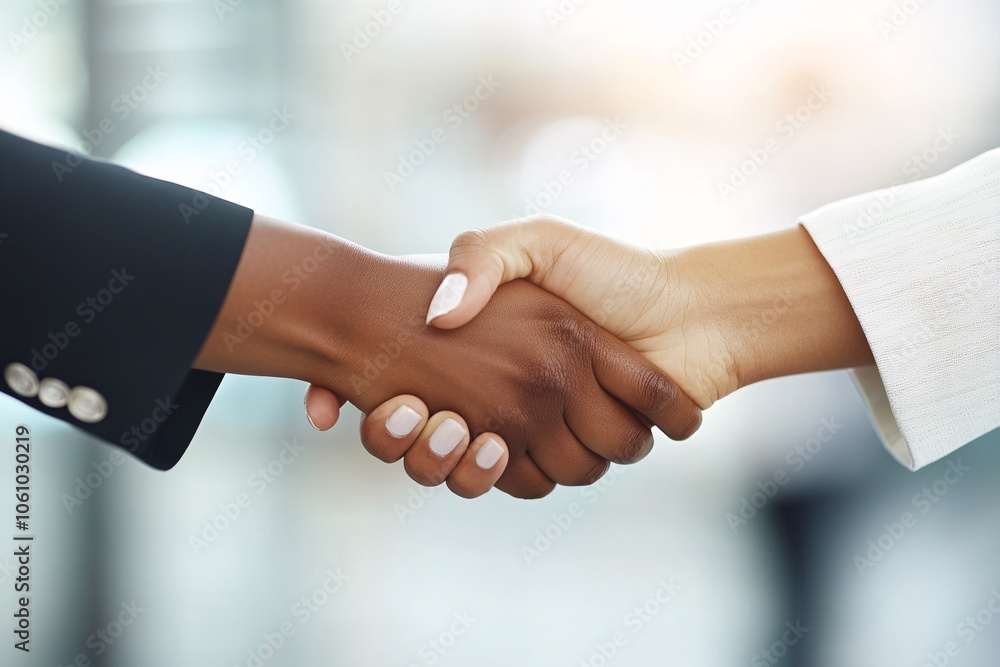 Close-up of two businesswomen shaking hands, one in a black suit, other in a white blazer, modern office, bright lighting 2 Close-up of two businesswomen shaking hands, one in a black suit, other in a white blazer, modern office, bright lighting 2
