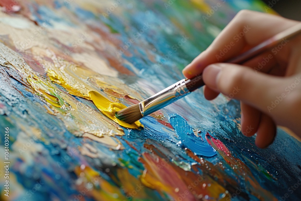 Young student using paintbrush in art class, vibrant paints on hand, indoor natural light, intense focus, afternoon, slight smile, medium close-up 1 Young student using paintbrush in art class, vibrant paints on hand, indoor natural light, intense focus, afternoon, slight smile, medium close-up 1