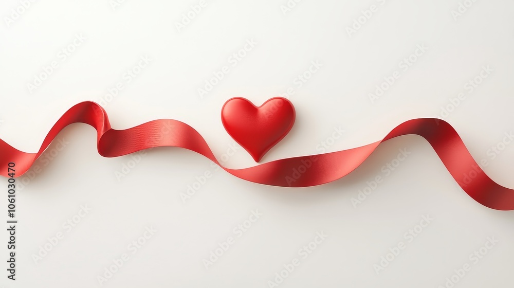 A red ribbon elegantly curves around a simple red heart, set against a soft white background A red ribbon elegantly curves around a simple red heart, set against a soft white background