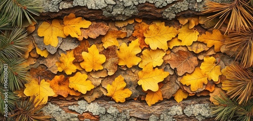 Zoomed-in shot of yellow and brown oak leaves layered on textured bark, with pine needles framing the scene. photo