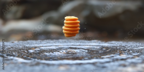 A close-up of a spinning orange dreidel hovering above a rippling water surface, capturing the motion and detail of the toy photo