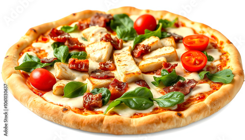 Delicious pizza with a crispy crust. The pizza is topped with grilled chicken, bacon, spinach, cherry tomatoes, parmesan cheese, and a creamy sauce isolated with white shades, png