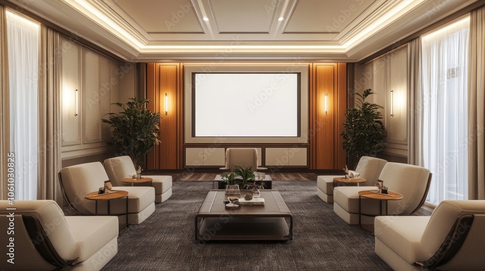 A modern home theater with plush white chairs and a large projection screen. A modern home theater with plush white chairs and a large projection screen.