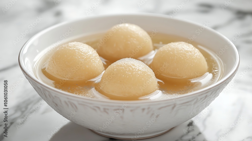 A bowl of Tangyuan sweet rice balls served in a clear broth, featuring four round, glutinous dumplings A bowl of Tangyuan sweet rice balls served in a clear broth, featuring four round, glutinous dumplings