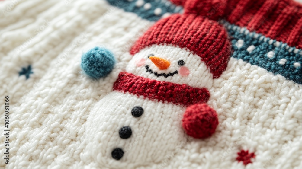 Close-up of a cozy, minimalistic ugly sweater featuring a smiling snowman with a red hat and scarf Close-up of a cozy, minimalistic ugly sweater featuring a smiling snowman with a red hat and scarf
