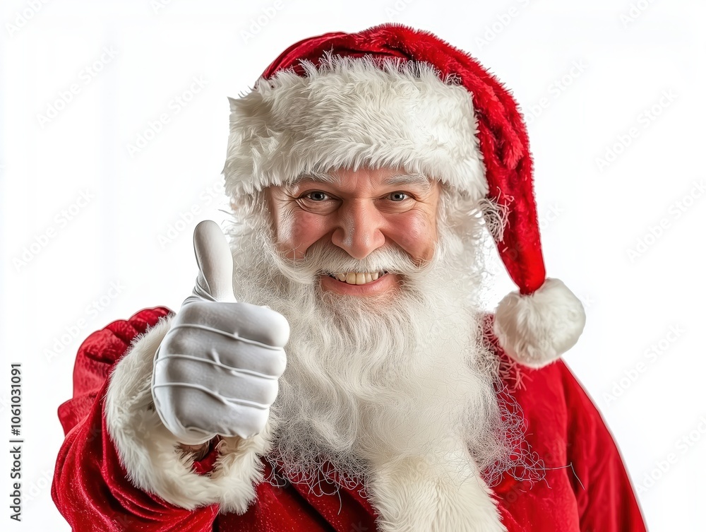 Naklejka premium A cheerful Santa Claus in his traditional red outfit gives a thumbs-up, isolated on a white background, spreading holiday joy and warmth with a friendly smile.