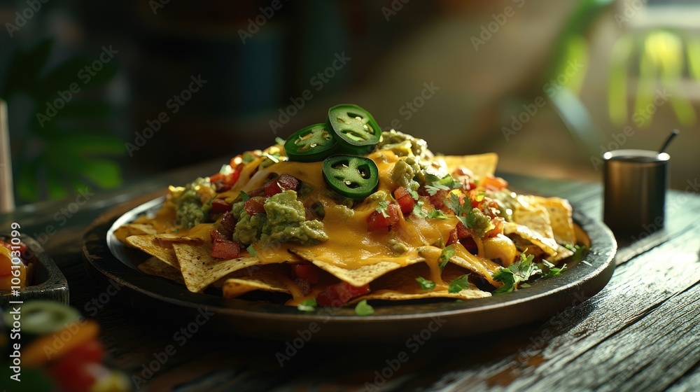 A plate of nachos piled high with melted cheese, guacamole, pico de gallo, and jalapenos. A plate of nachos piled high with melted cheese, guacamole, pico de gallo, and jalapenos.