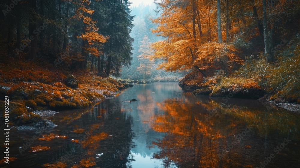 A serene river flows through a lush forest, with vibrant fall foliage reflecting in the still water. A serene river flows through a lush forest, with vibrant fall foliage reflecting in the still water.