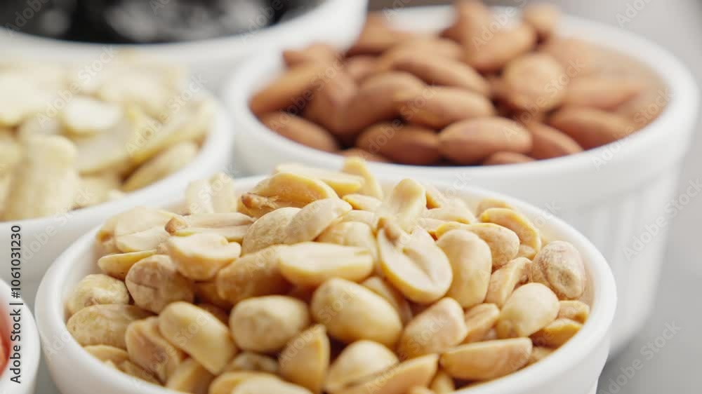 Assortment of dried fruits and nuts rotating in bowls. Natural food background. Mixed dried fruit nuts on plate. Mix of snacks. Vegan food concept. View from above. Close-up in 4K, UHD Assortment of dried fruits and nuts rotating in bowls. Natural food background. Mixed dried fruit nuts on plate. Mix of snacks. Vegan food concept. View from above. Close-up in 4K, UHD