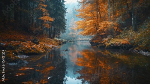 A serene river flows through a lush forest, with vibrant fall foliage reflecting in the still water.