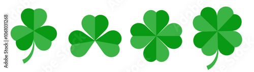 Flat shamrock icons vector set. Four leaf clover icon. Happy St Patricks day. Leaf clover on isolated background. Good luck four leaf clover flat icons for apps and websites.