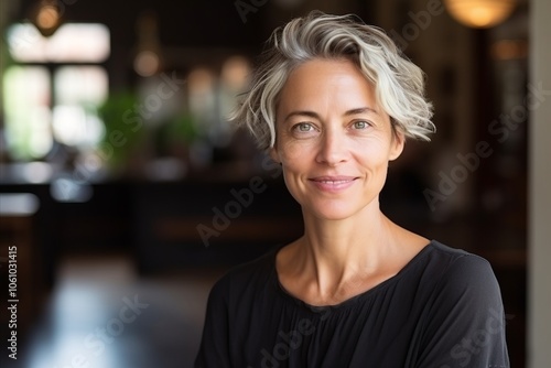 Portrait of happy mature woman smiling at camera in a coffee shop