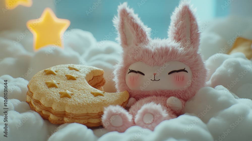 A pink fluffy bunny toy rests on a cloud next to a crescent moon shaped cookie. A pink fluffy bunny toy rests on a cloud next to a crescent moon shaped cookie.