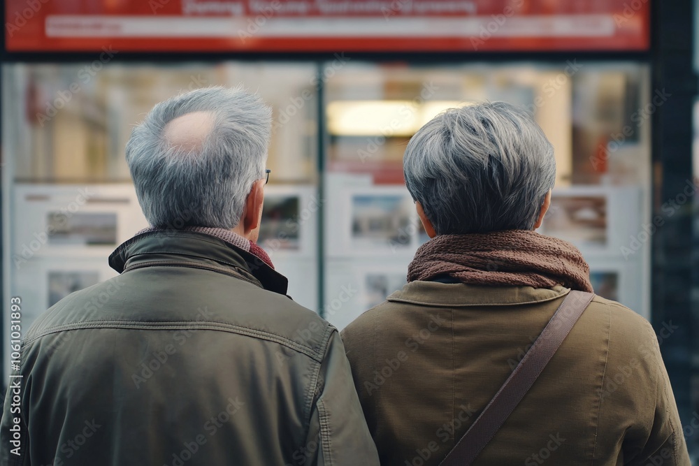Rear view of an elderly Caucasian couple, man in a jacket and woman with short hair, standing in front of a real estate office in the afternoon, viewing property ads, medium close-up 3 Rear view of an elderly Caucasian couple, man in a jacket and woman with short hair, standing in front of a real estate office in the afternoon, viewing property ads, medium close-up 3