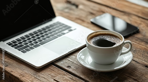 A minimalistic setup featuring a coffee cup on a wooden table next to a laptop and a smartphone