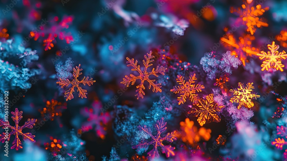 Close-up of delicate snowflakes, glowing with an ethereal light. Close-up of delicate snowflakes, glowing with an ethereal light.