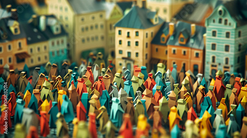 Wallpaper Mural Large Crowd of Diverse People in Origami Form Inside a Town Torontodigital.ca