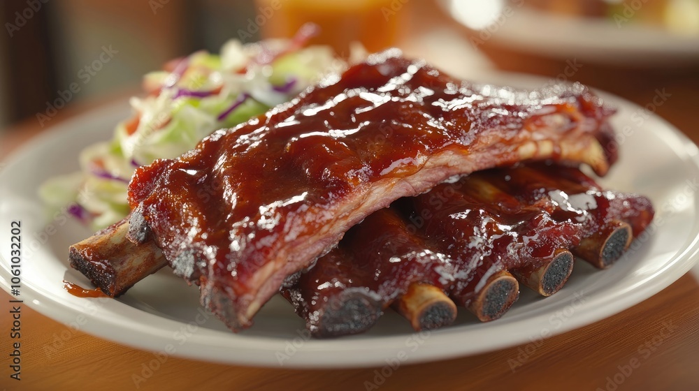 Close-up of tender, fall-off-the-bone BBQ ribs glazed with a sweet and tangy sauce, served with a side of coleslaw. Close-up of tender, fall-off-the-bone BBQ ribs glazed with a sweet and tangy sauce, served with a side of coleslaw.