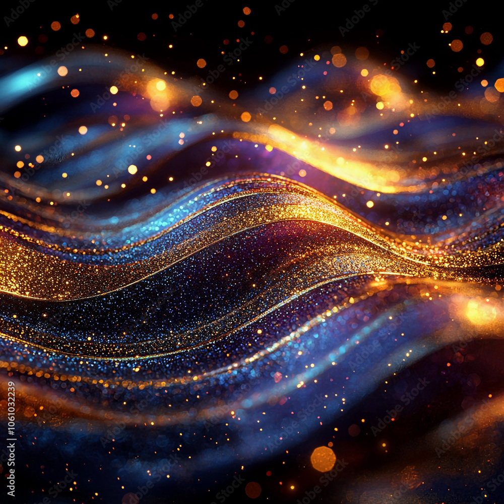 Glitter Rainbow Golden Wave Stripes Design. Shiny Gold and Blue moving lines design element on dark background Glitter Rainbow Golden Wave Stripes Design. Shiny Gold and Blue moving lines design element on dark background