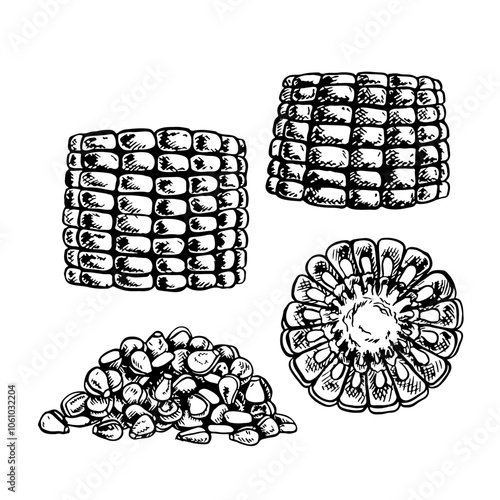 A set with corn. Sliced corn cobs and a handful of grains. Vector graphics. Black and white hand-drawn illustration. On a white background. Great for labels, menus, posters and packages.