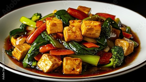 A close-up of a delicious dish of tofu stir-fried with vegetables and a savory sauce.